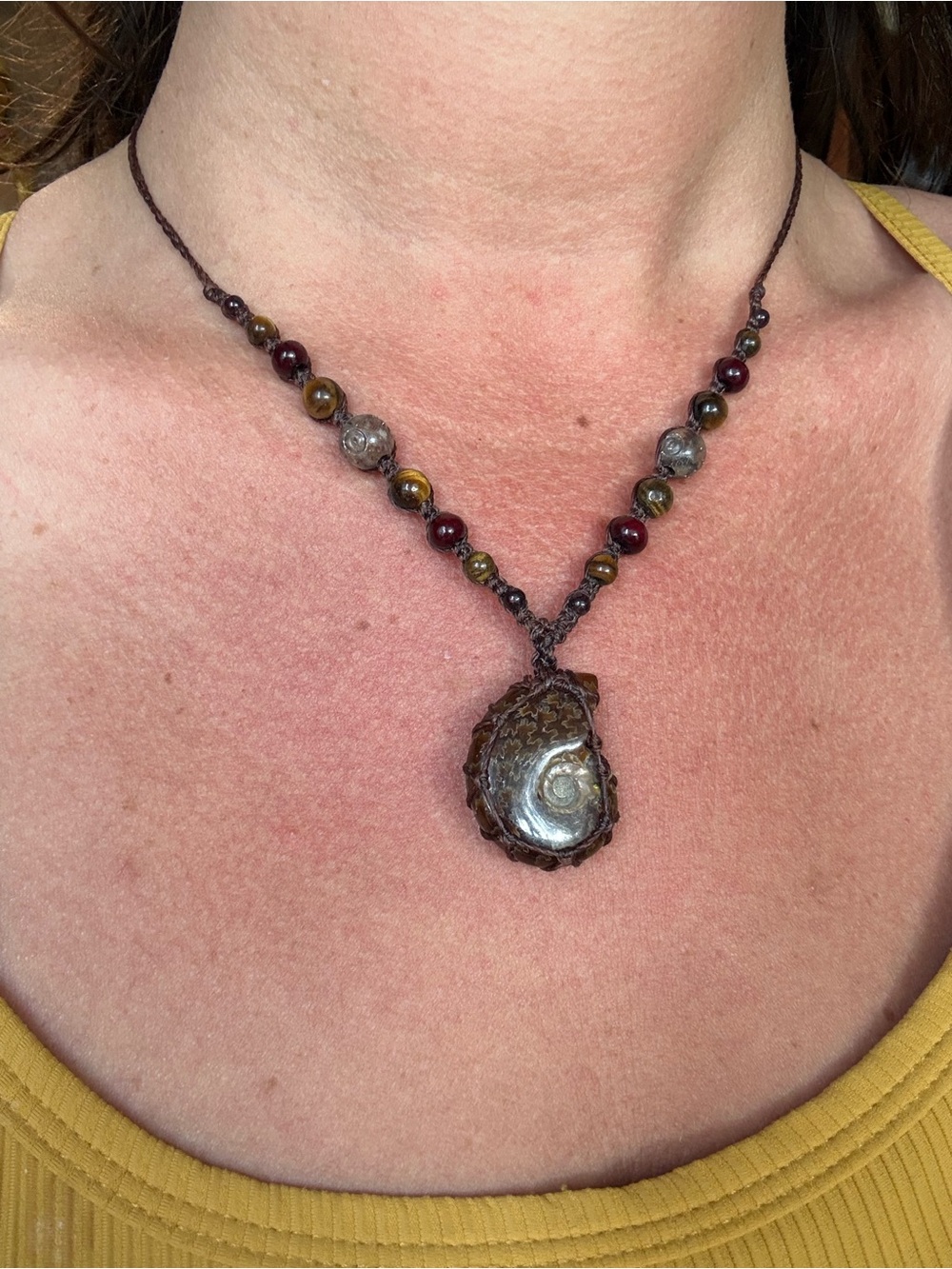 Boho Macrame Ammonite Fossil Pendant Necklace | Tiger’s Eye, Garnet & Jasper